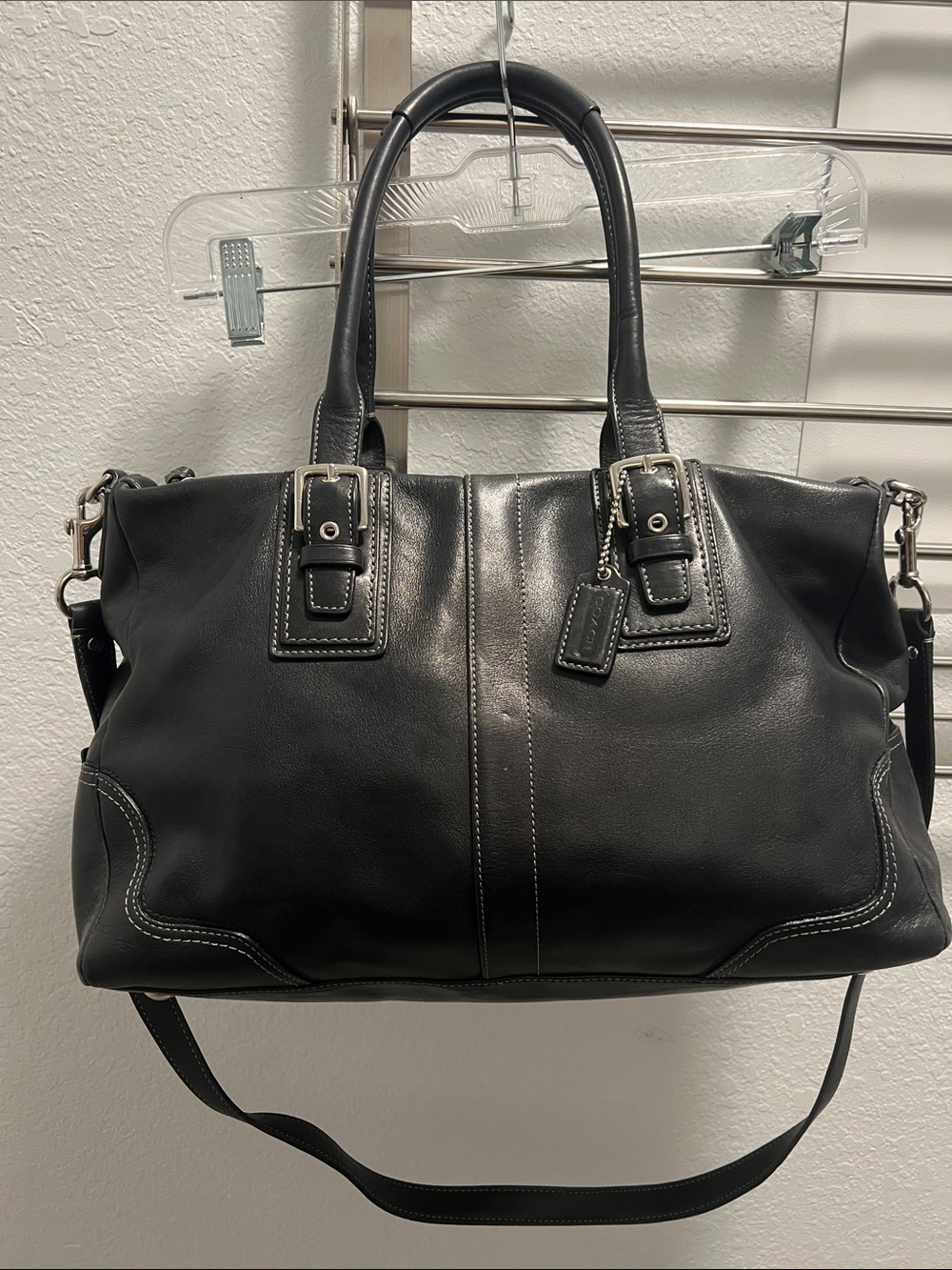 Coach Black Leather Tote with Top Handles and Detachable Strap